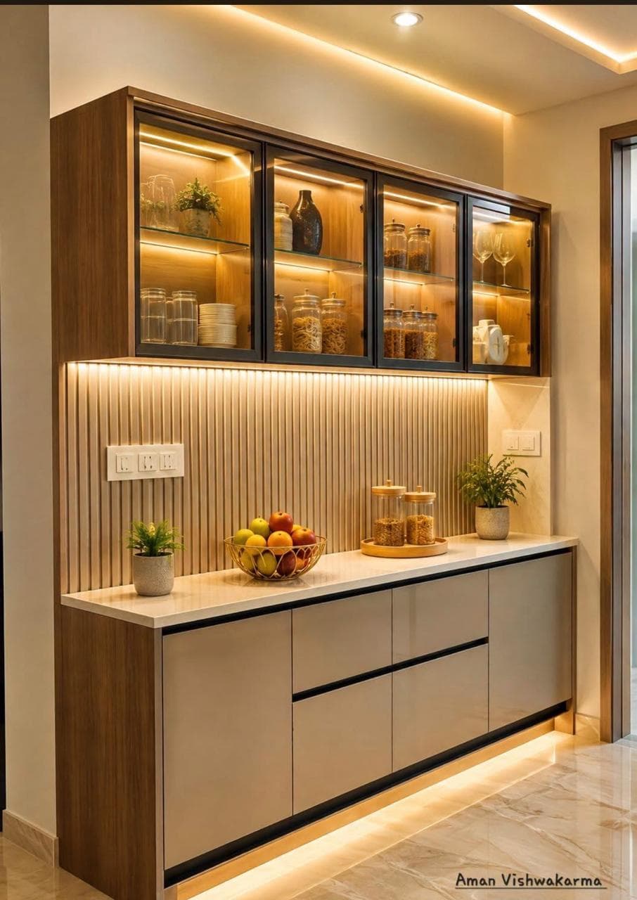 Fluted crockery unit and dining counter by Misri Kitchen & Home Interior