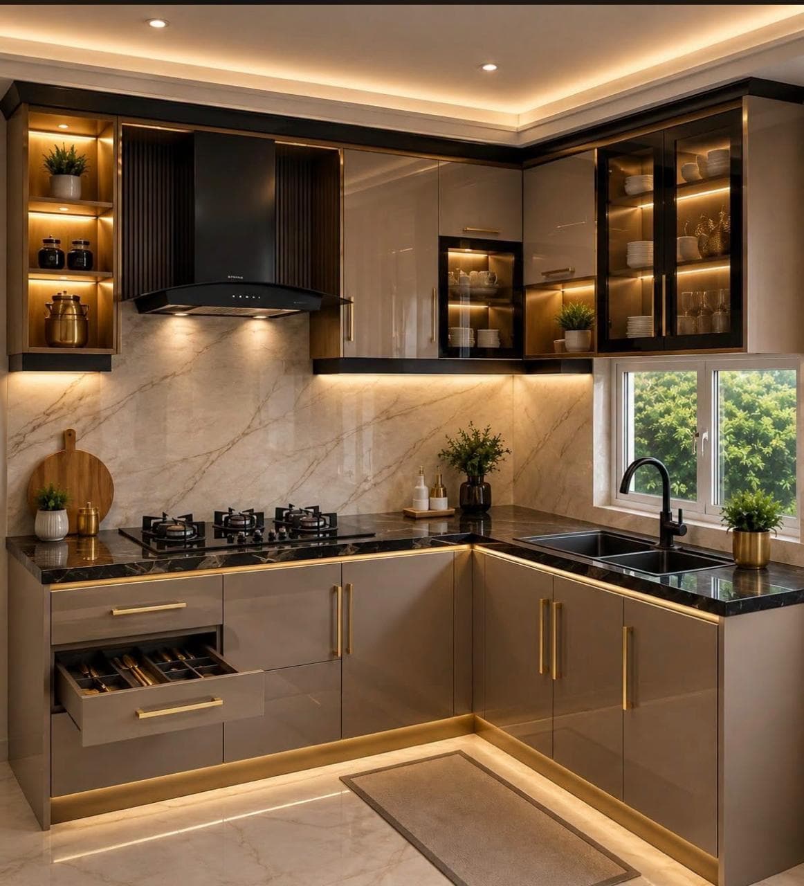 Champagne-gold modular kitchen by Misri Kitchen & Home Interior, Delhi NCR
